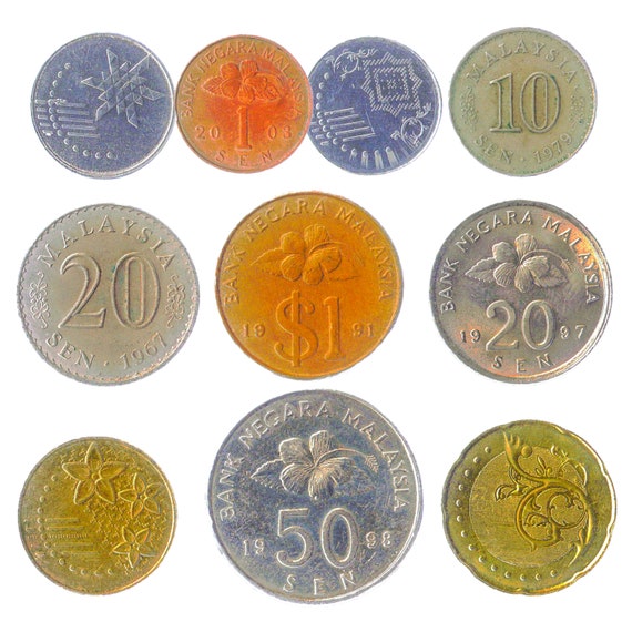 10 Different Malaysian Coins from Southeast Asia - Federation of Malaysia: Sen, Dollar. Old Collectible Currency since 1967