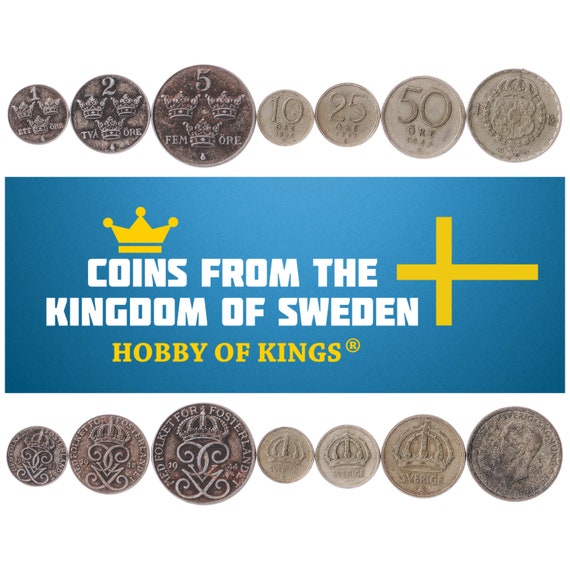 Swedish 8 Coin Set 1 2 5 10 25 50 Öre 1 2 Kronor | Gustaf V | Crown | Sweden | 1942 - 1950