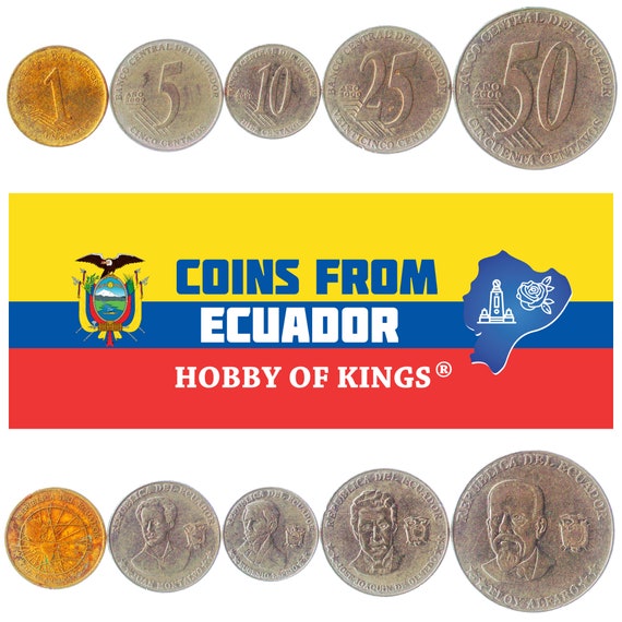 Set of 5 Coins from Ecuador: 1, 5, 10, 25, 50 Centavos. Collectible South American Currency, Old Money Collection