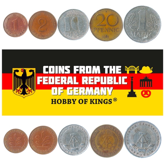 5 Different Coins from Germany. Old Collectible German Currency from 1 Pfennig to 1 Mark. Federal, East and West Germany 1948-2001