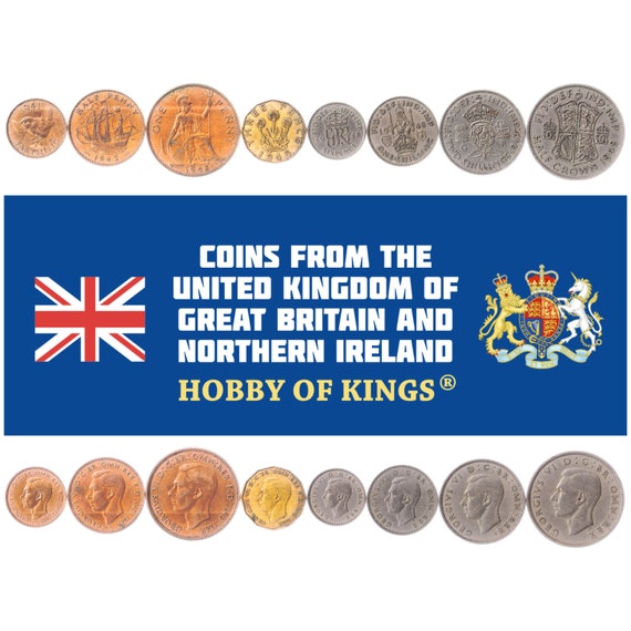 British 8 Coin Set 1 Farthing 1/2 1 3 6 Pence 1 2 Shillings 1/2 Crown | George VI | Eurasian Wren | Rose | United Kingdom | 1937 - 1948
