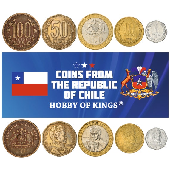 5 Coins Chile | Pesos | Centavos | Chilean Currency | South American Money | Condor | Presidents