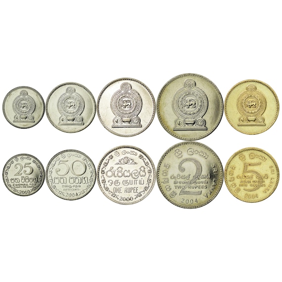 スリランカ硬貨セット：25セント、50セント、1ルピー、2ルピー、5