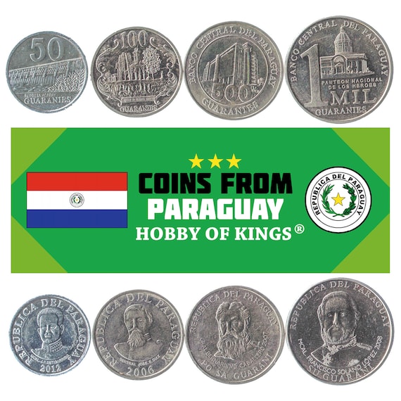 Set of 4 Coins From Paraguay. Old Collectible Paraguayan Money. Foreign Currency: 50, 100, 500, 1000 Guaranies