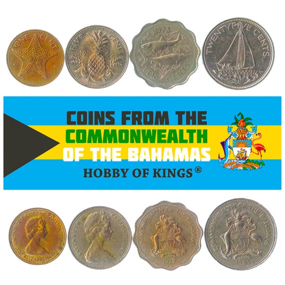 4 Different Coins from Bahamas. Old Collectible Money From Island in Atlantic Ocean. Bahamian Currency from 1 to 25 Cents since 1966