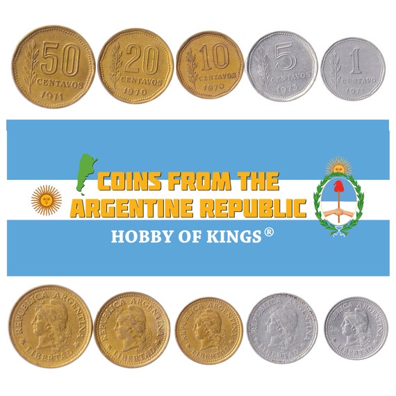 Argentine 5 Coin Set 1 5 10 20 50 Centavos | Argentina Currency Money | Liberty | Phrygian Cap | 1970 - 1976