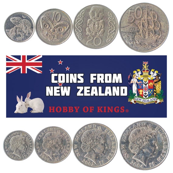 Set of 4 Coins from New Zealand: 5, 10, 20, 50 Cents. Oceania Currency, Money Collection with the Queen Elizabeth II since 1999