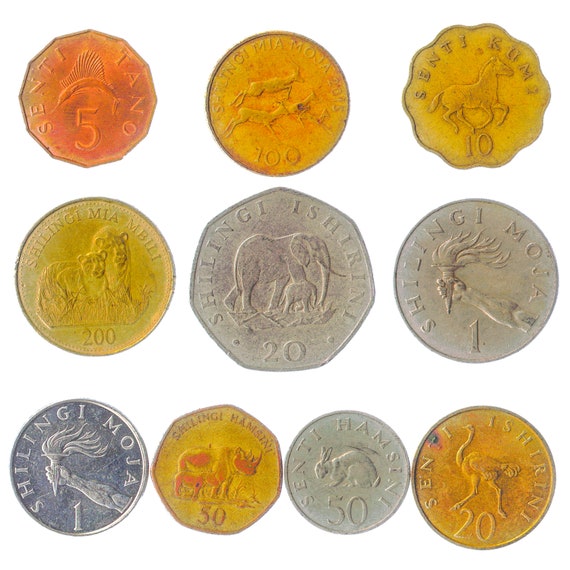 10 Tanzanian (Zanzibari) Coins. Different Old Collectible Money from Africa. Foreign Currency from Tanzania: Senti, Shilingi since 1966