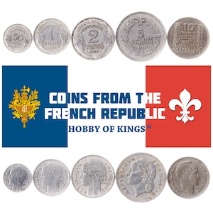 5 Coins from France Money Set 50 Centimes 1 2 5 10 Francs Old Collectible French Currency Phrygian cap Marianne 1941, 1944 - 1949
