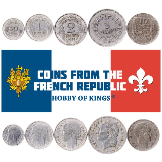 5 Coins from France Money Set 50 Centimes 1 2 5 10 Francs Old Collectible French Currency Phrygian cap Marianne 1941, 1944 - 1949