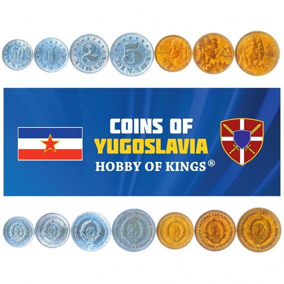 Set of 7 Coins from Yugoslavia (People's Republic): 50 Para, 1, 2, 5, 10, 20, 50 Dinara. Old Currency, Balkans Money Collection 1953-1955