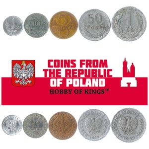 5 Different Coins from Poland 1924-1950. Old Collectible Money from Polish Numismatic Periods: Second And Third Złoty