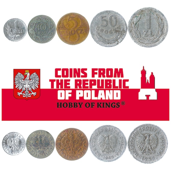 5 Different Coins from Poland 1924-1950. Old Collectible Money from Polish Numismatic Periods: Second And Third Złoty
