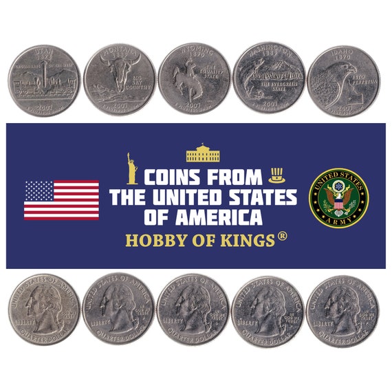 American 5 Coin Set 1/4 Dollar | George Washington | Mount Rainier | Locomotive | Bison Skull | Golden Spike | United States | 2007