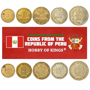 5 Peru Coins | Centimos | Nuevo Sol | Mixed Peruvian Currency | South America | Chimu Civilization