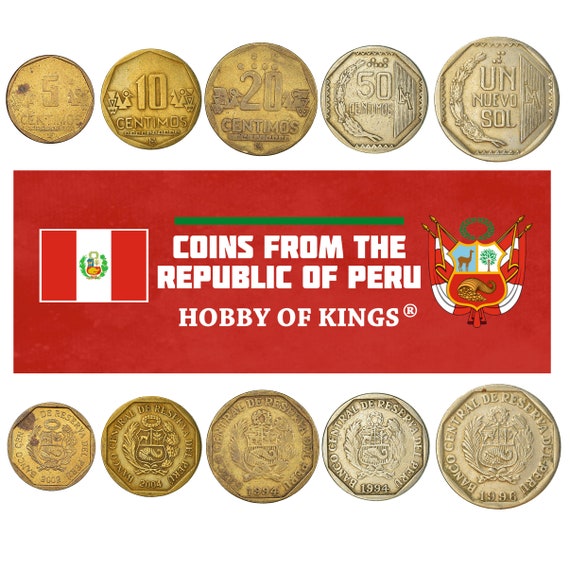 5 Peru Coins | Centimos | Nuevo Sol | Mixed Peruvian Currency | South America | Chimu Civilization