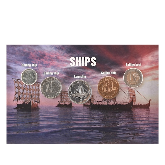5 Coin Set Ships | Sailing Ship | Longships | Sailing Boats | Lebanese Livres | UK Penny | Portuguese Escudos | Eastern Caribbean States