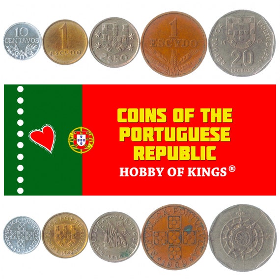 5 Portuguese Coins. Different Coins from Portugal. European Foreign Currency, Valuable Money: Escudos. Since 1969
