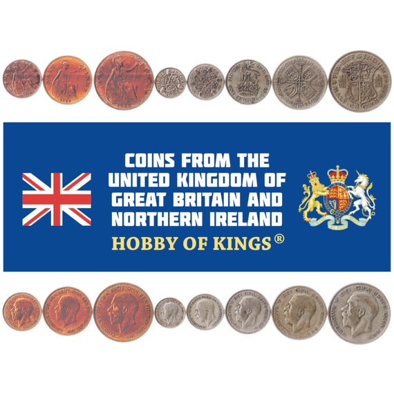 British 8 Coin Set 1 Farthing 1/2 1 3 6 Pence 1 Shilling 1 Florin 1/2 Crown | George V | Britannia | United Kingdom | 1926 - 1936