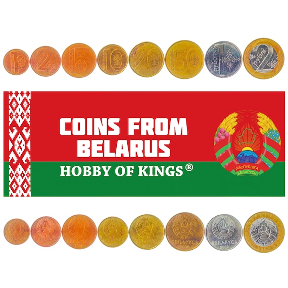 8 Belarusian Coins Set: 1, 2, 5, 10, 20, 50 Kopeks, 1, 2 Rubles. Different Money from Belarus. Old Collectible Foreign Currency