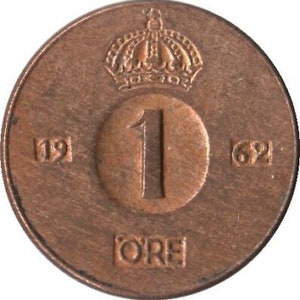 Swedish Coin 1 Öre | Gustaf VI Adolf | Crown | Sweden | 1952 - 1971
