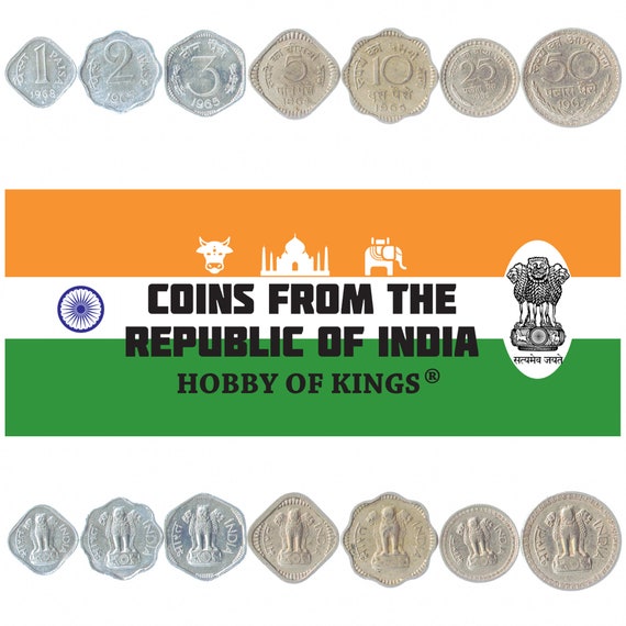 7 Coins from India Money Set: 1 2 3 5 10 20 50 Paise Old Collectible Indian Currency 1965-1972
