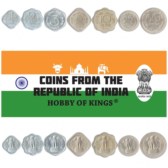 7 Coins from India Money Set: 1 2 3 5 10 20 50 Paise Old Collectible Indian Currency 1965-1972