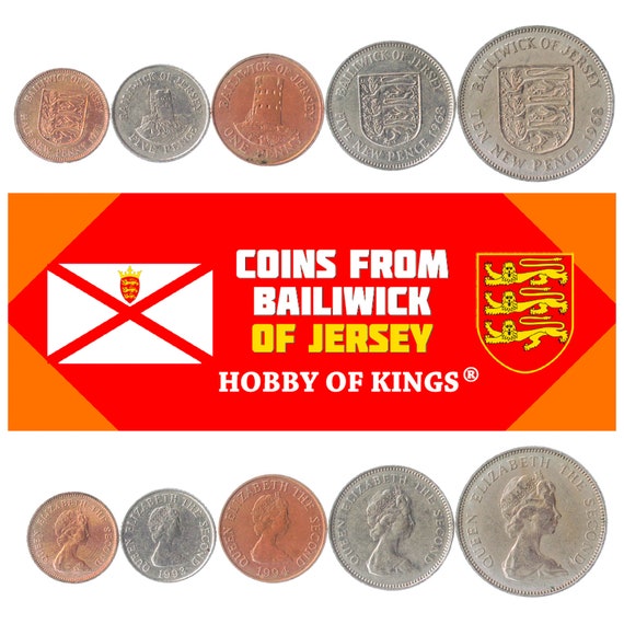 5 Different Coins from Bailiwick of Jersey. Old Money from the Largest Channel Island. Collectible Currency from 1/2 Penny to 10 Pence