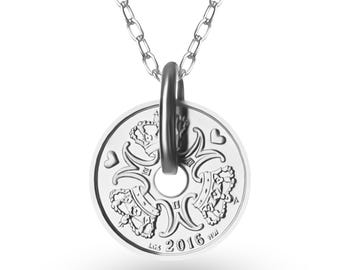 Queen Margrethe II Danish Krone Coin Pendant: Rhodium Silver Necklace