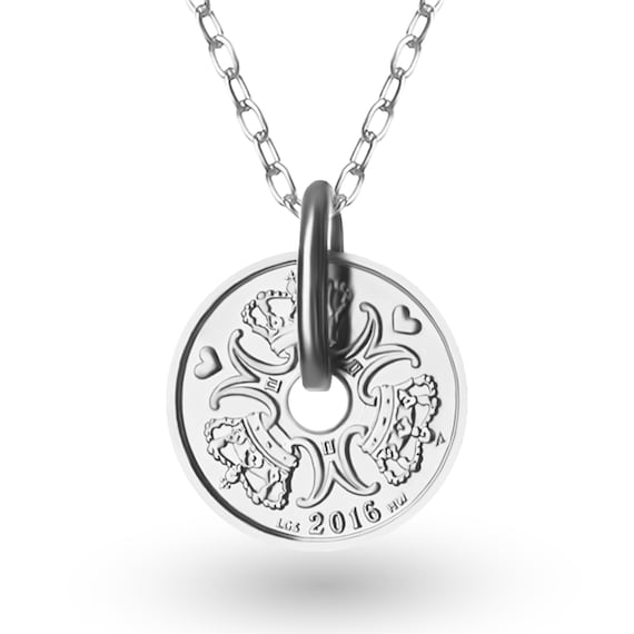 Danish 1 Krone Coin Medallion Pendant | Necklace | Queen Margrethe II | Rhodium Silver Plated Lucky Coin | 1992 - 2023