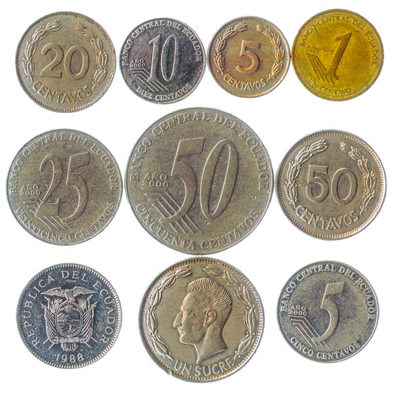 10 Different Coins from the Republic of Ecuador. South American Old Collectible Ecuadorian Money, Currency: Sucres, Centavos since 1964