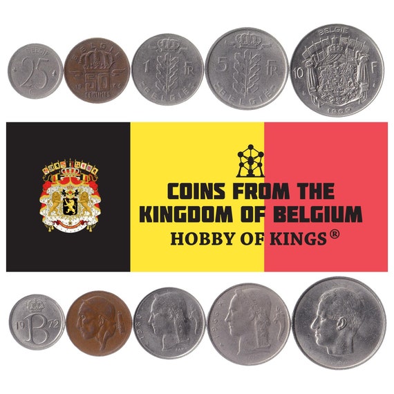 Belgian 5 Coin Set 25 50 Centimes 1 5 10 Francs | Lion | Ivy | Belgium | België Belgique | 1956 - 1988