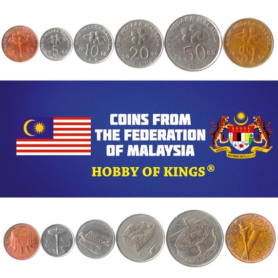 6 Coins from Malaysia. Money Set: 1, 5, 10, 20, 50 Sen and 1 Ringgit. Old Malaysian Currency