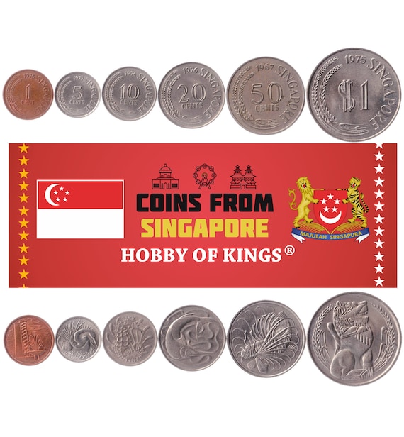 Singaporen 6 Coin Set 1 5 10 20 50 Cents 1 Dollar | Old Collectible Singapore Currency | Sea Animal Swordfish Snake Seahorse 1967 - 1984