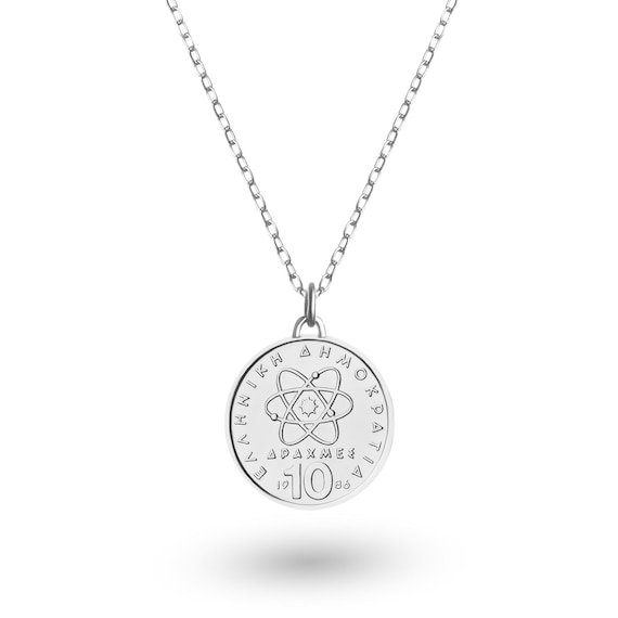Genuine Greece 10 Drachmes Coin Medallion Pendant | Necklace | Democritus | Silver Rhodium Plated Lucky Coin | 1976 - 2000