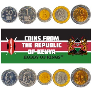 Juego de 5 monedas de Kenia: 50 centavos, 1, 5, 10, 20 chelines. Moneda africana coleccionable, colección de dinero de Kenia antigua