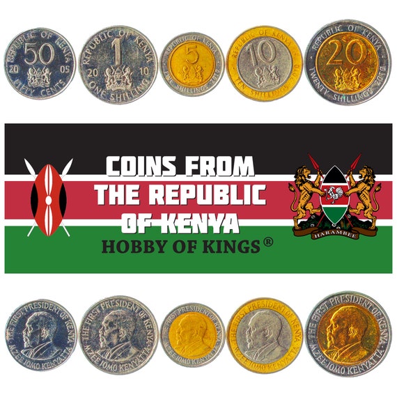 Set of 5 Coins from Kenya: 50 Cents, 1, 5, 10, 20 Shillings. Collectible African Currency, Old Kenyan Money Collection