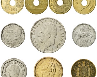 10 Monedas de España / Colección de Moneda Española / 5 Céntimos 1 25 50 100 200 Pesetas / Moneda Extranjera / Monedas de Colección / 1940 - 1994