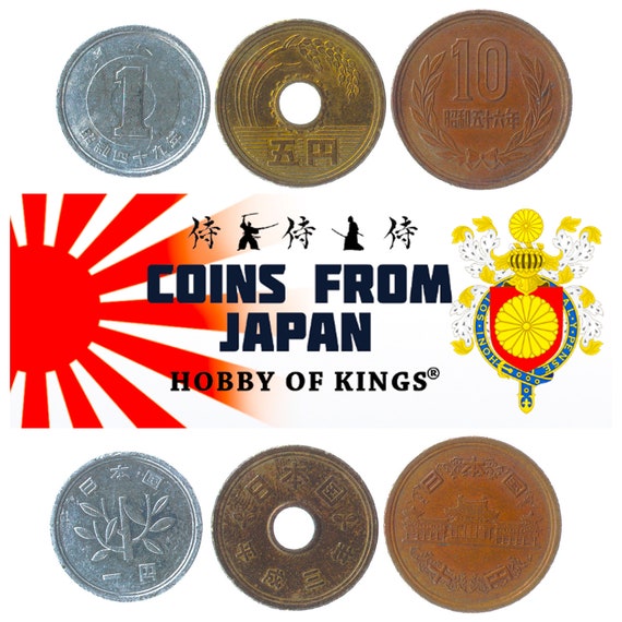 3 Coins from Japan. Island in East Asia. Currency: 1-10 Yen. Old Collectible Japanese Money