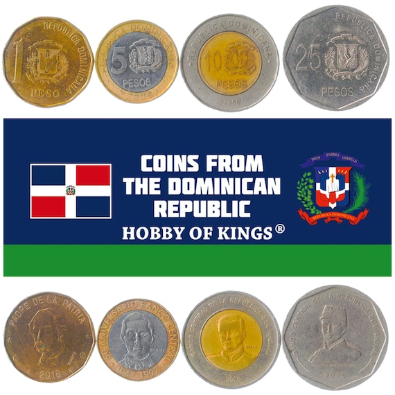 4 Coins from Dominican Republic. Money Set: 1, 5, 10, 25 Pesos. Old Collectible Dominican Currency