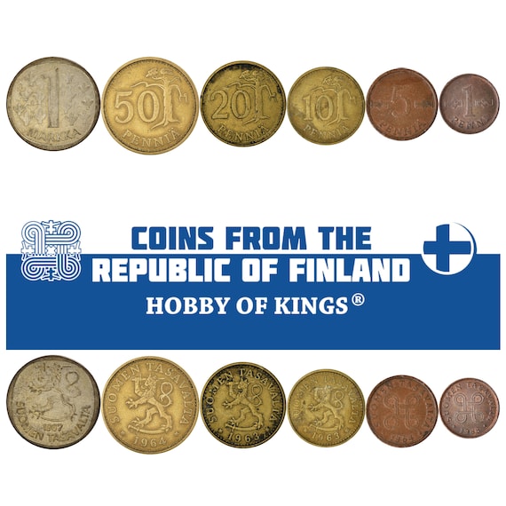 Finnish 6 Coin Set 1 5 10 20 50 Penniä 1 Markka | Tree | Saint Hannes Cross | Finland | 1963 - 1969