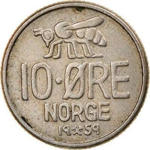 Norway 10 Ore Coin | King Olav V | Large letters | KM411 | 1959 - 1973