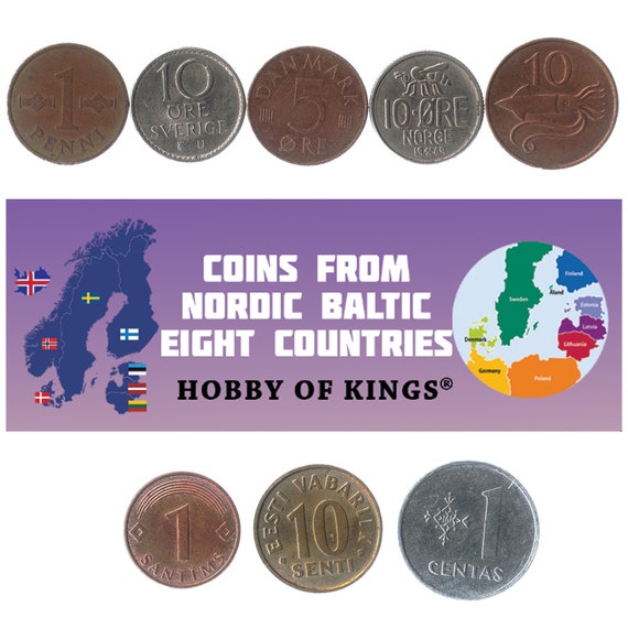 8 Nordic - Baltic Eight (NB8) COINS: 5 Nordic Coins and 3 Baltic States Currency. Collectible Money from North Europe