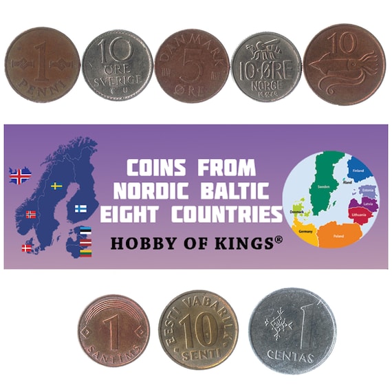 8 Nordic - Baltic Eight (NB8) COINS: 5 Nordic Coins and 3 Baltic States Currency. Collectible Money from North Europe