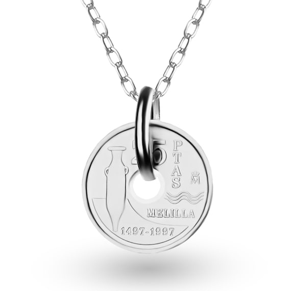 Spanish 5 Pesetas Coin Medallion Necklace | Lucky Pendant Cross | Rhodium Silver Plated Coin 1997