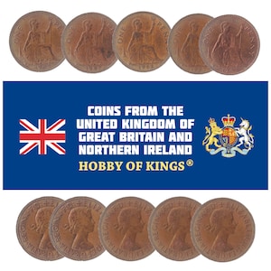 10 Gran Inglaterra Gran Bretaña Reino Unido Británico 1 Penny UK Coins 1874-1953. Victoria, Isabel II, Jorge V y VI, Eduardo VII