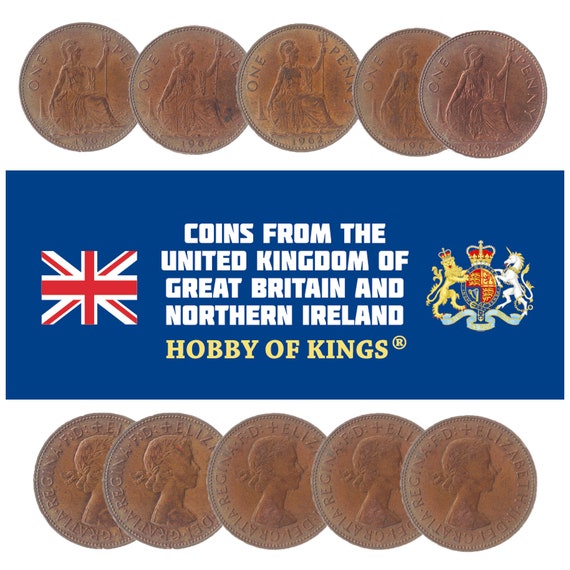 10 Great England Britain United Kingdom British 1 Penny UK Coins 1874-1953. Victoria, Elizabeth Ii, George V and VI, Edward VII