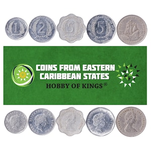 East Caribbean States 5 Coins | Mixed Cents Dollars | OECS Currency of 8 Exotic Countries | Golden Hind | Queen Elizabeth II