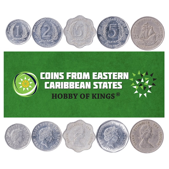 East Caribbean States 5 Coins | Mixed Cents Dollars | OECS Currency of 8 Exotic Countries | Golden Hind | Queen Elizabeth II