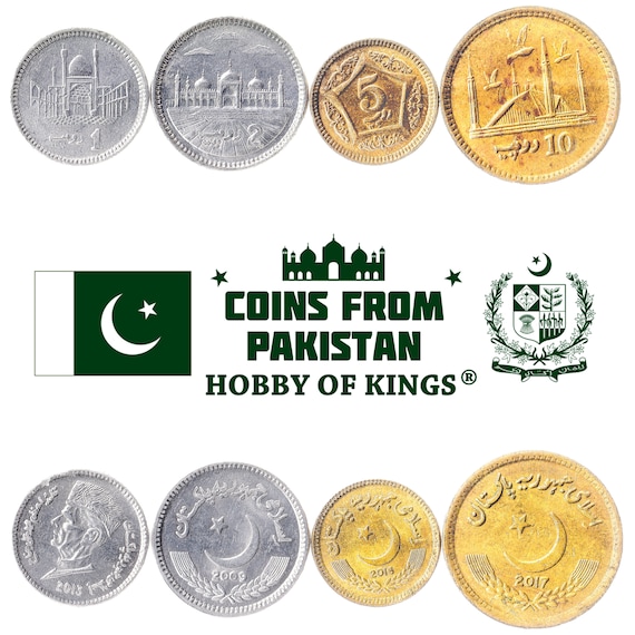 Set of 4 Coins from Pakistan: 1, 2, 5, 10 Rupees. Collectible Middle Eastern Currency, Old Pakistani Money Collection